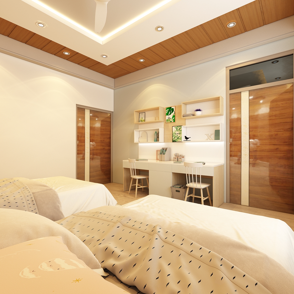 Bedroom with built-in study area and wooden ceiling elements