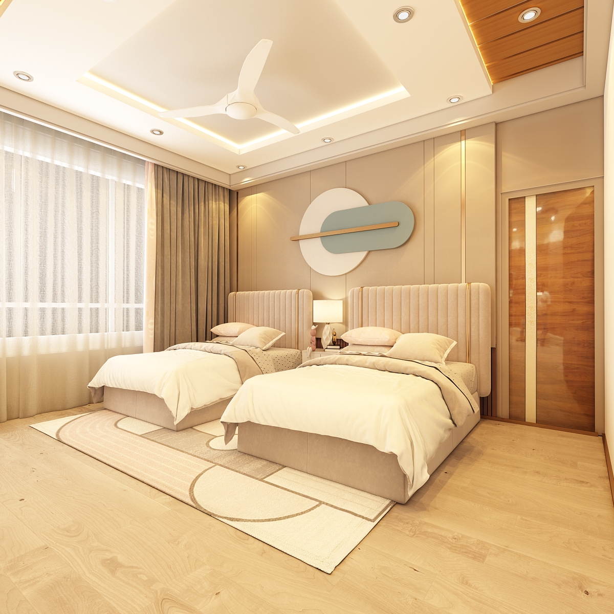 Modern bedroom interior with twin beds and contemporary furniture