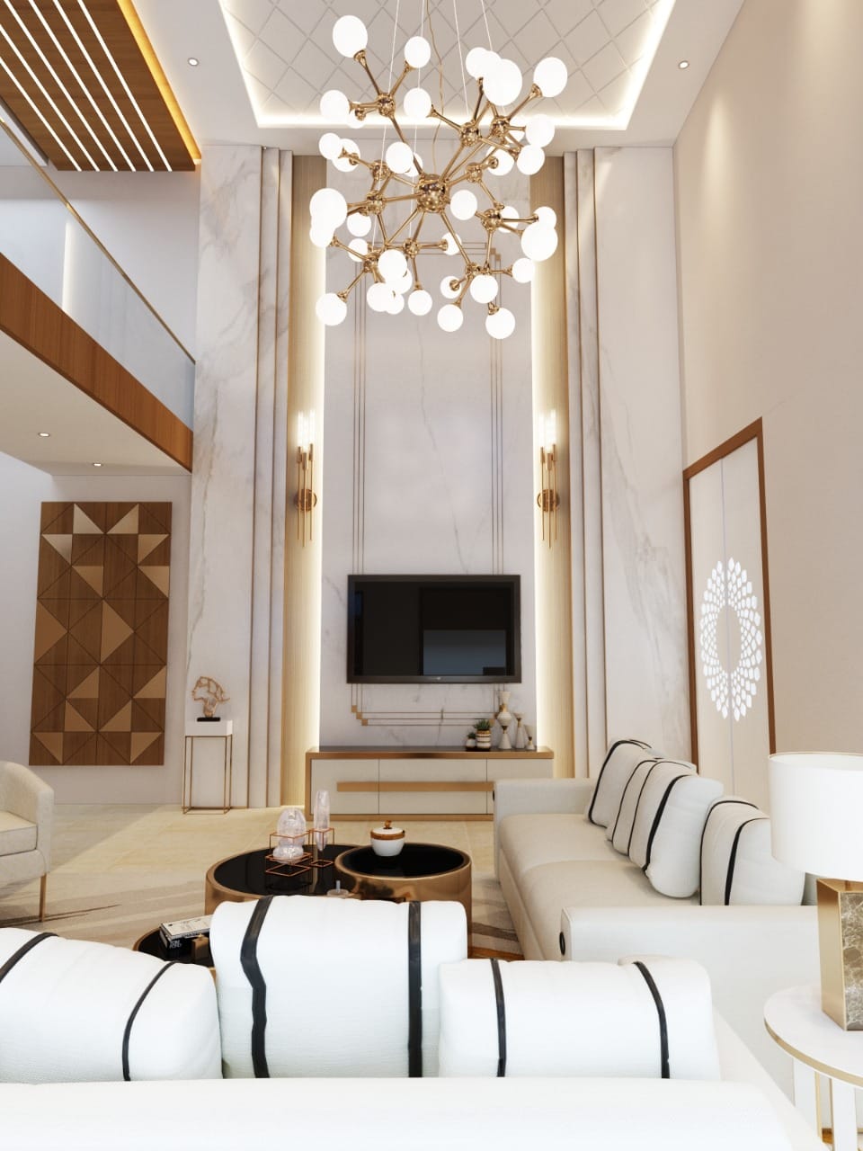 Luxurious living room with double-height ceiling and statement chandelier