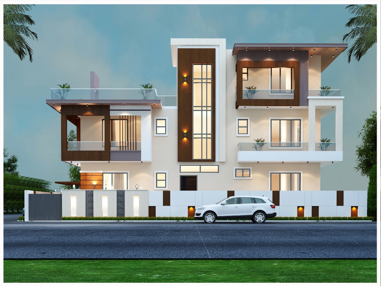 Architectural rendering of luxury villa with evening lighting