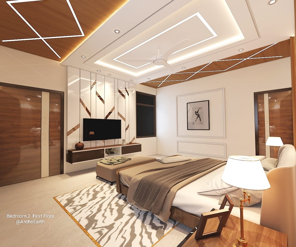 Master bedroom with contemporary design and geometric ceiling patterns