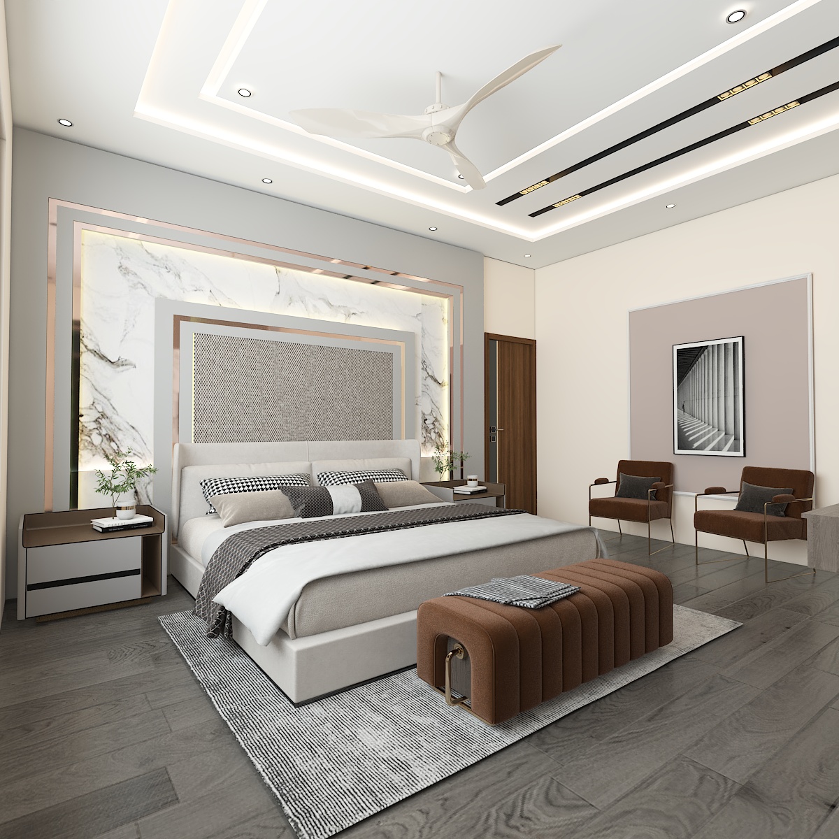 Elegant master bedroom with marble accent wall and modern furniture