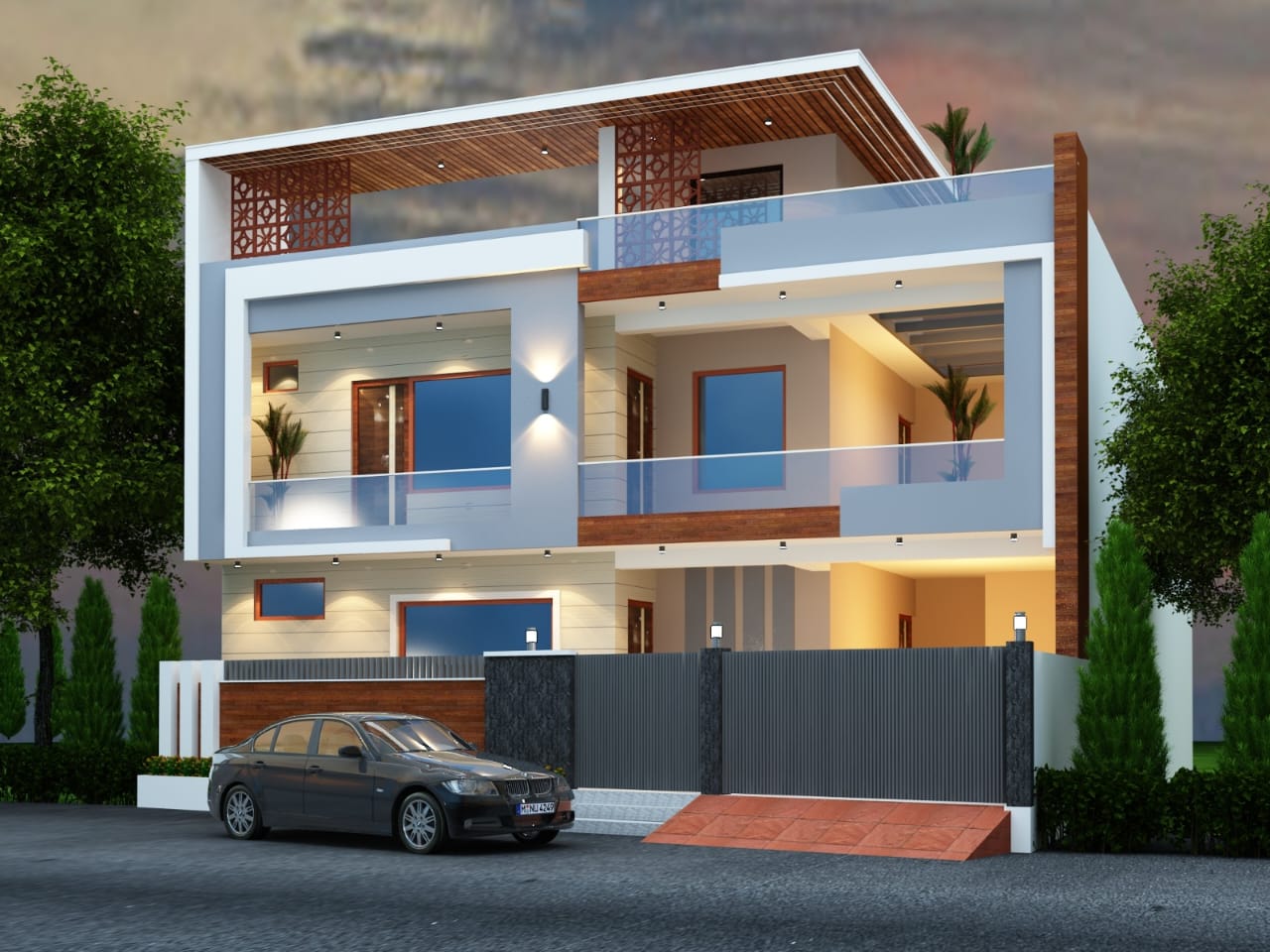 Modern residential building exterior with evening lighting and contemporary architecture